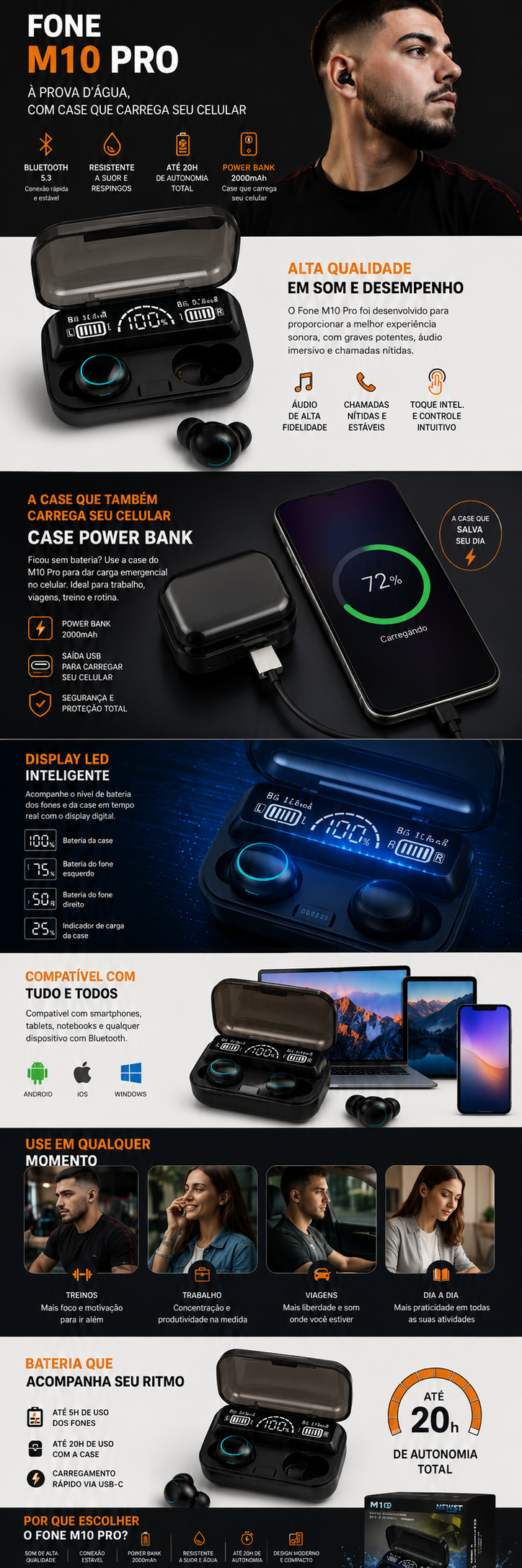 Fone M10 Pro com Bluetooth 5.3, display LED, case power bank, resist&ecirc;ncia &agrave; &aacute;gua e at&eacute; 20 horas de autonomia